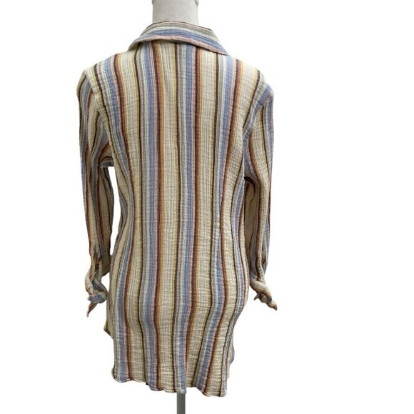 Soft Surroundings Slub Cotton Gauze Stripe Button Down Shirt Beachy size Large - Picture 5 of 9
